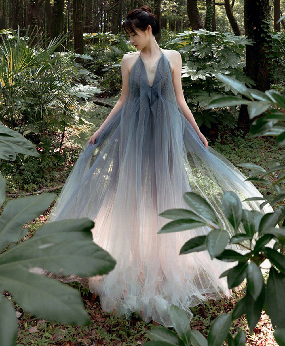 Gray V Neck Tulle Long Prom Dress, Gray Tulle Evening Dress