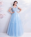 Sky Blue Lace Tulle Long Prom Dress, Blue Evening Dress