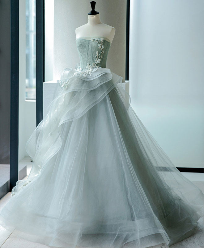 A-Line Tulle Lace Gray Green Long Prom Gown, Tulle Lace Evening Dress