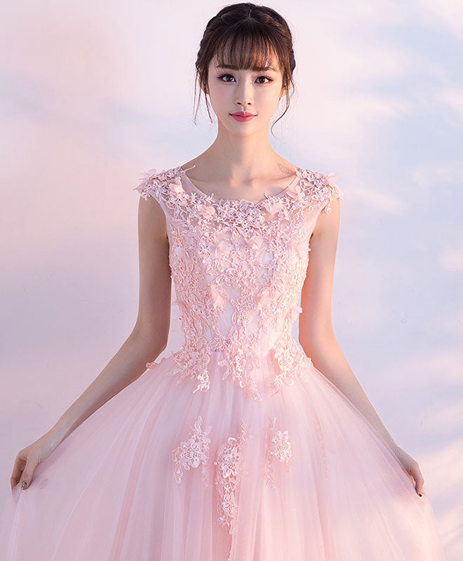 Pink Round Neck Tulle Lace Long Prom Dress, Pink Tulle Evening Dress