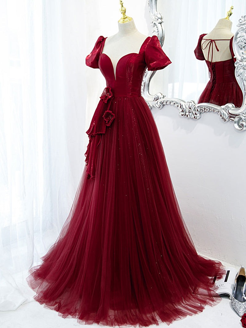Burgundy Tulle Long Prom Dress, Burgundy Tulle Evening Dress