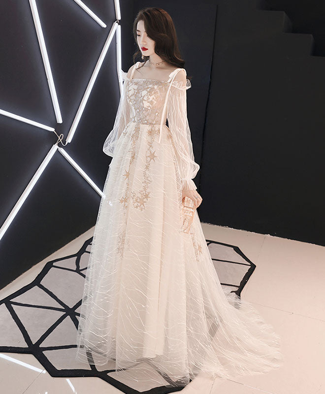 A-Line Tulle Lace Long Prom Dress, Tulle Lace Evening Dress