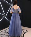 Blue V Neck Tulle Lace Long Prom Dress, Blue Tulle Evening Dress