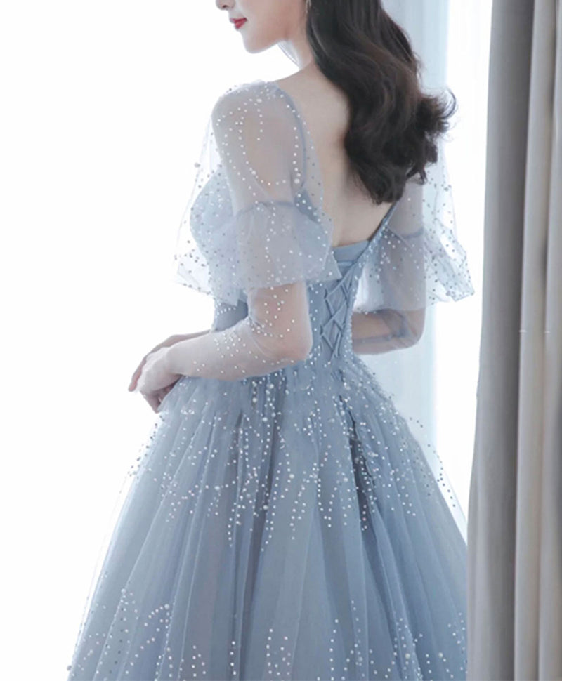 V Neck Tulle Sequin Blue Long Prom Dress, Blue Formal Graduation Dress