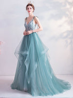 Green V Neck Tulle Lace Long Prom Dress Green Evening Dress