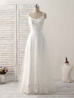 White V Neck Tulle Lace Long Prom Dress White Evening Dress
