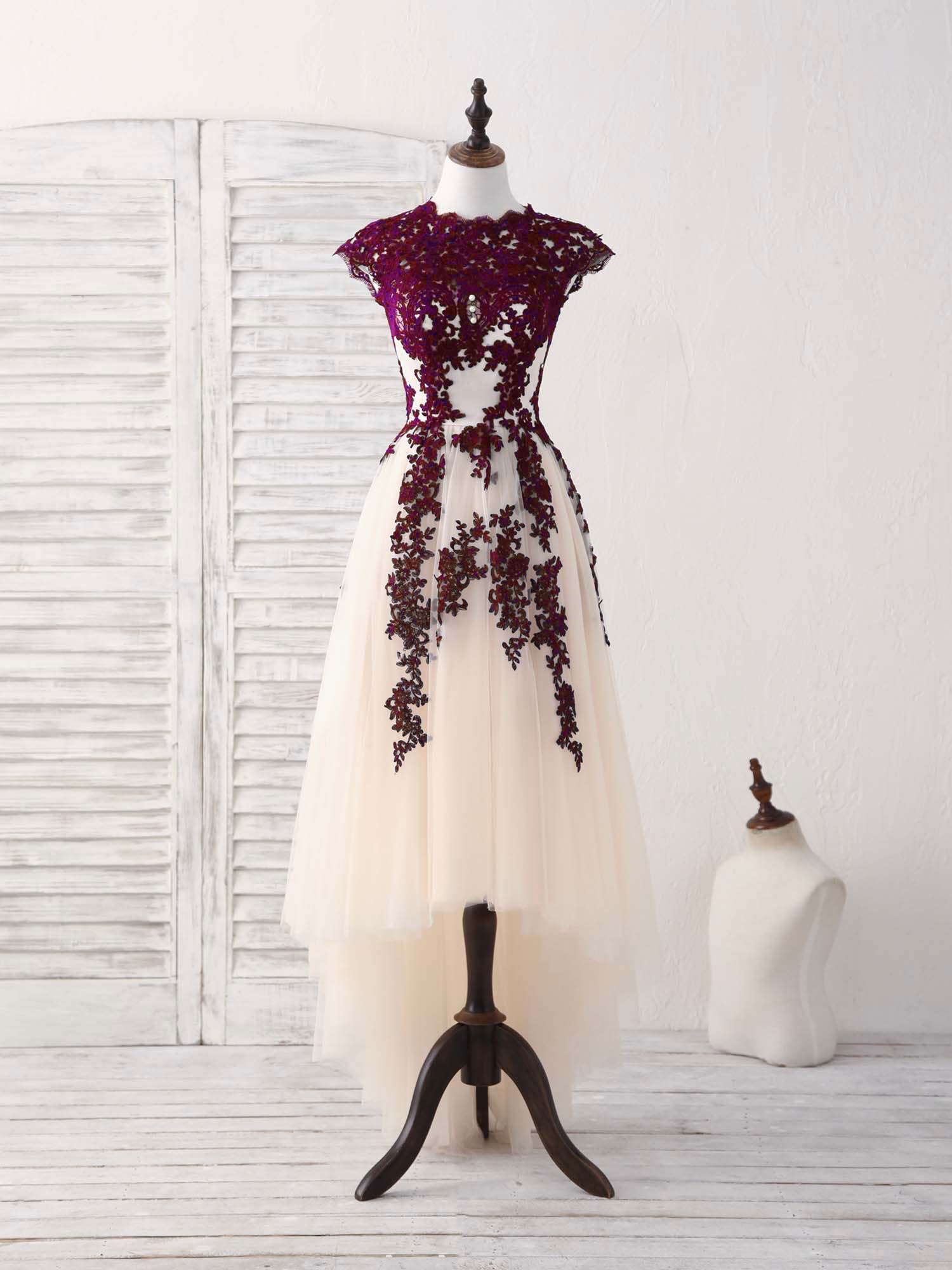Burgundy Lace Tulle High Low Prom Dress Burgundy Bridesmaid Dress US 14 / Burgundy Burgundy Lace Tulle High Low Prom Dress Burgundy Bridesmaid Dress US 14 / Burgundy