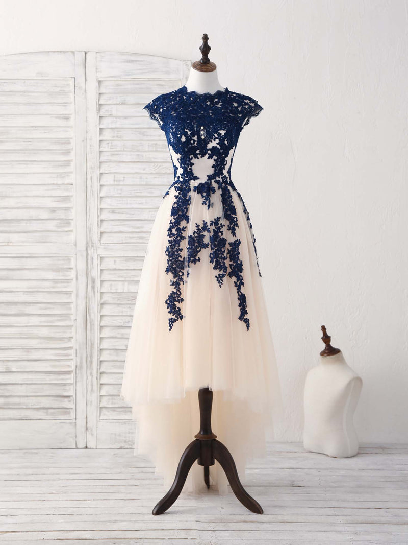 Dark Blue Lace Tulle High Low Prom Dress Blue Bridesmaid Dress