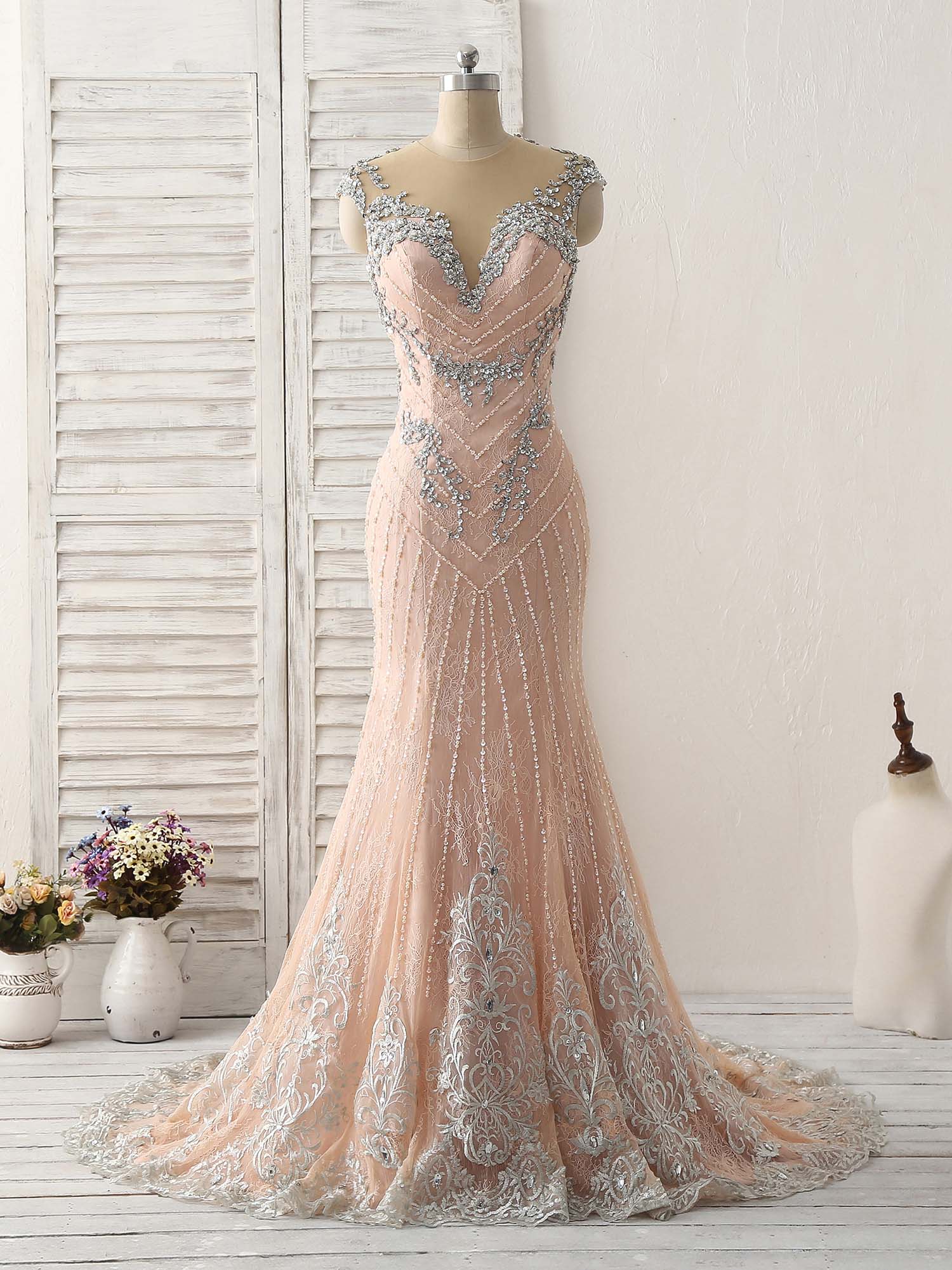 Pink Mermaid Sequin Beads Long Lace Prom Dresses, Pink Evening Dresses ...