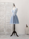 Cute Blue V Neck Tulle Lace Applique Short Prom Dress, Blue Homecoming Dress