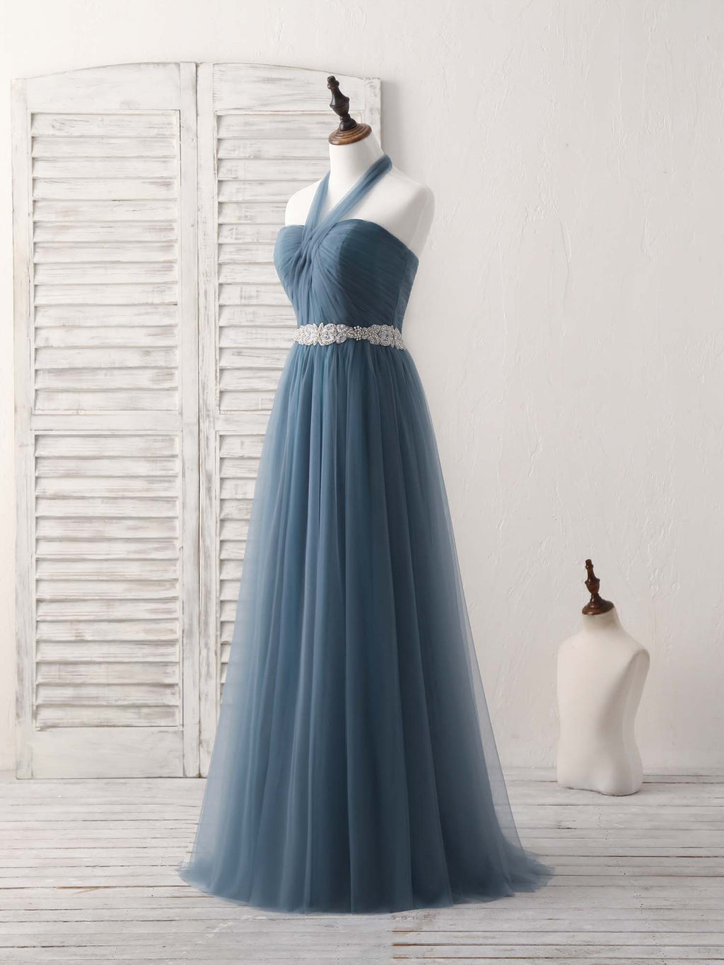 A-Line Gray Blue Tulle Long Bridesmaid Dress Gray Blue Prom Dress shopluu A-Line Gray Blue Tulle Long Bridesmaid Dress Gray Blue Prom Dress shopluu