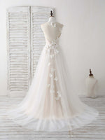 Unique White Round Neck Tulle 3D Lace Applique Long Prom Dresses