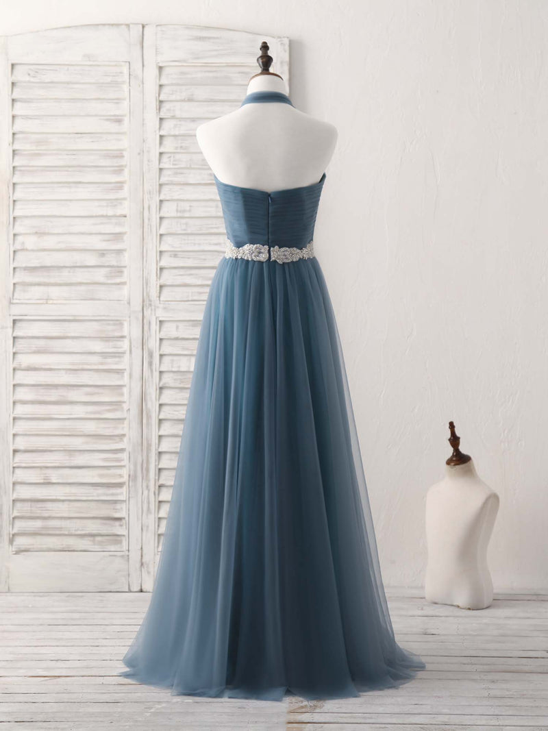 A-Line Gray Blue Tulle Long Bridesmaid Dress Gray Blue Prom Dress
