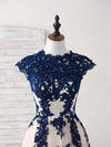 Dark Blue Lace Tulle High Low Prom Dress Blue Bridesmaid Dress