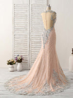 Pink Mermaid Sequin Beads Long Lace Prom Dresses, Pink Evening Dresses