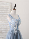 Cute Blue V Neck Tulle Lace Applique Short Prom Dress, Blue Homecoming Dress