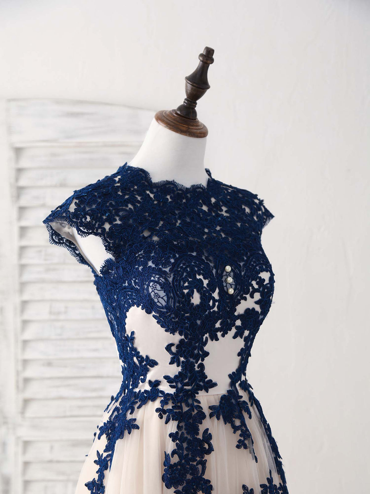 Dark Blue Lace Tulle High Low Prom Dress Blue Bridesmaid Dress