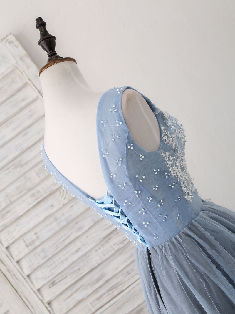 Cute Blue V Neck Tulle Lace Applique Short Prom Dress, Blue Homecoming shopluu Cute Blue V Neck Tulle Lace Applique Short Prom Dress, Blue Homecoming shopluu