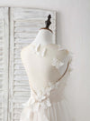 Unique White Round Neck Tulle 3D Lace Applique Long Prom Dresses