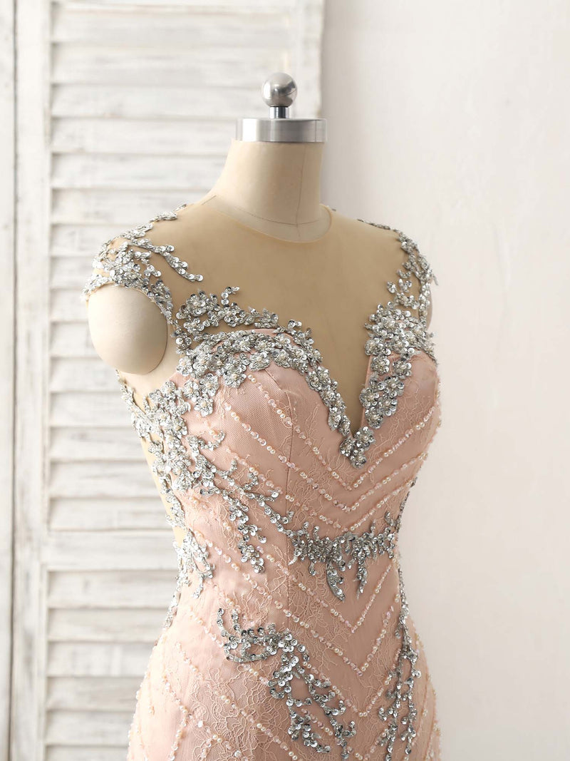 Pink Mermaid Sequin Beads Long Lace Prom Dresses, Pink Evening Dresses shopluu Pink Mermaid Sequin Beads Long Lace Prom Dresses, Pink Evening Dresses shopluu