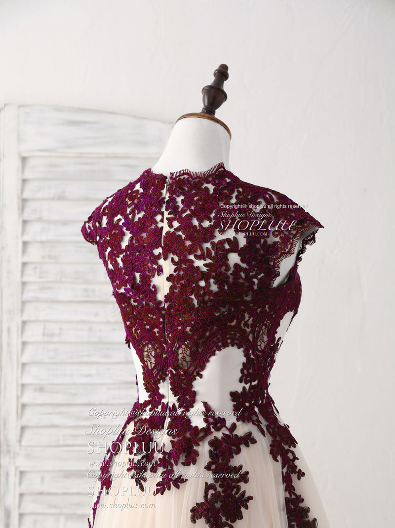 Burgundy Lace Tulle High Low Prom Dress Burgundy Bridesmaid Dress – shopluu