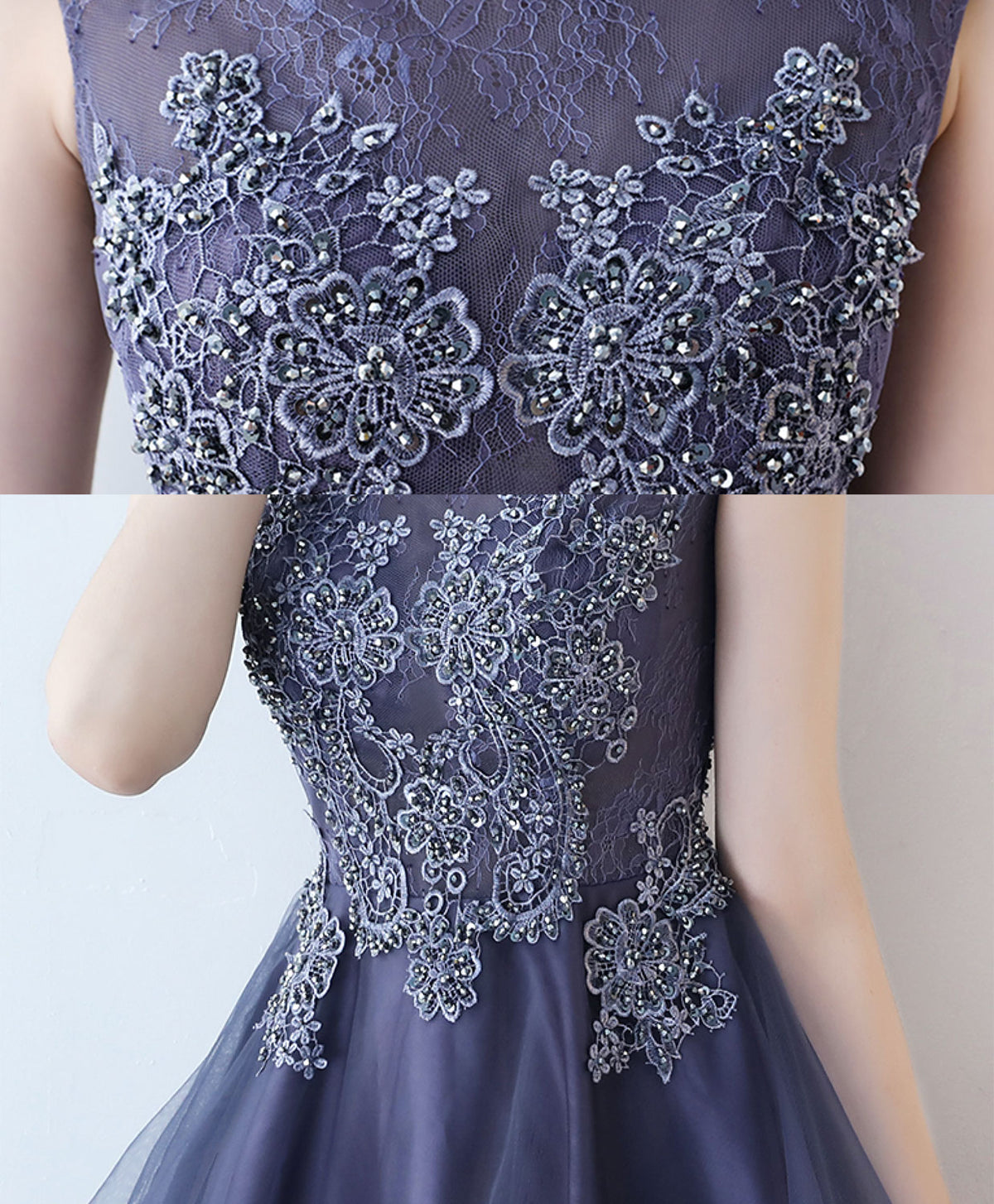 Purple Round Neck lace Tulle High Low Prom Dress, Homecoming Dress