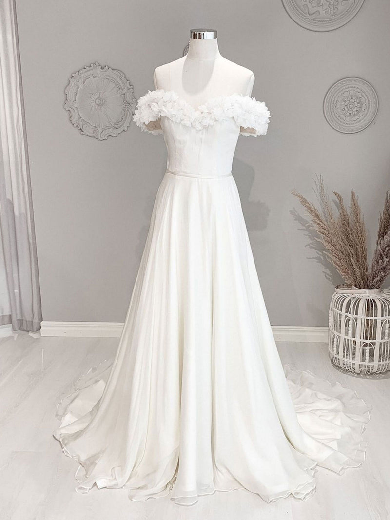 White Off Shoulder Flowers Long Wedding Dress, White Beach Wedding Dre shopluu White Off Shoulder Flowers Long Wedding Dress, White Beach Wedding Dre shopluu
