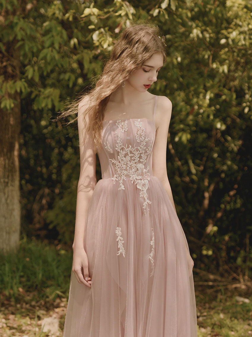 Pink Tulle Lace Tea Length Prom Dress, Lace Evening Dress