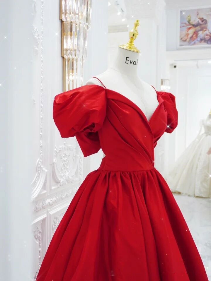 Red V Neck Satin Long Prom Dress, Red Formal Evening Dresses Red V Neck Satin Long Prom Dress, Red Formal Evening Dresses