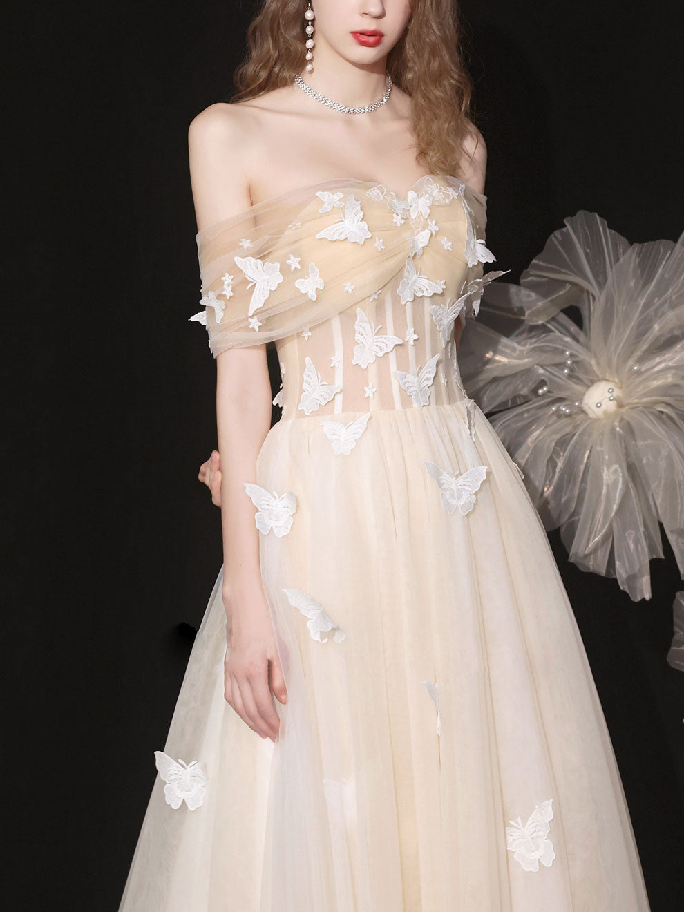 Champagne Tulle Lace Applique Long Prom Dress, Tulle Lace Evening Dress