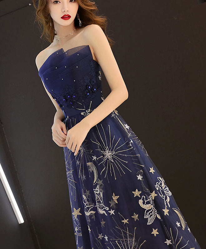 Dark Blue Tulle Lace Long Prom Dress, Blue Evening Dress