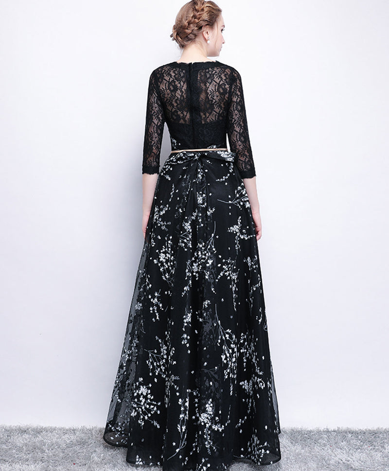 Black Lace Long Prom Dress, Long Sleeve Evening Party Dress