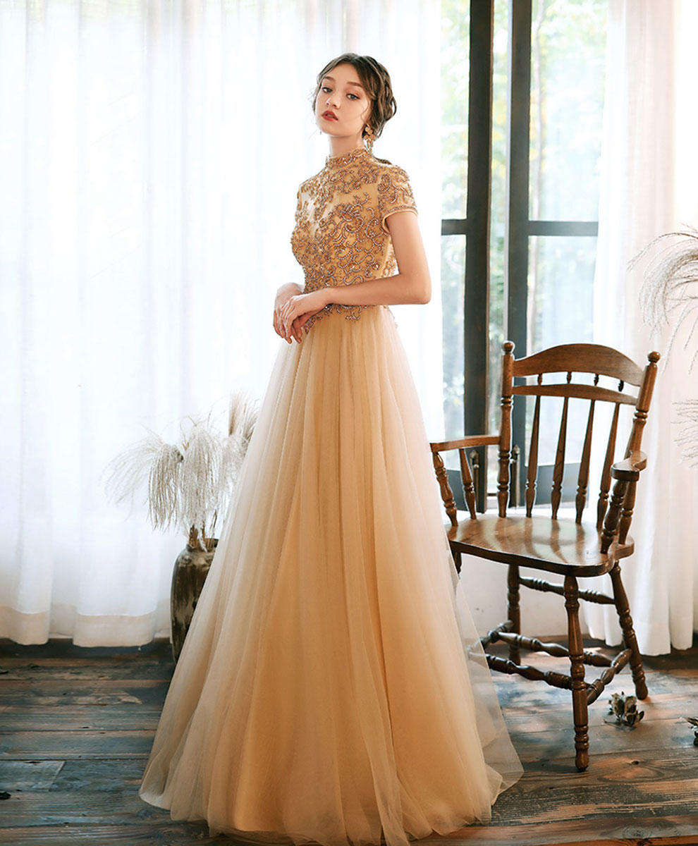 Champagne Tulle Beads Long Prom Dress Champagne Tulle Formal Dress