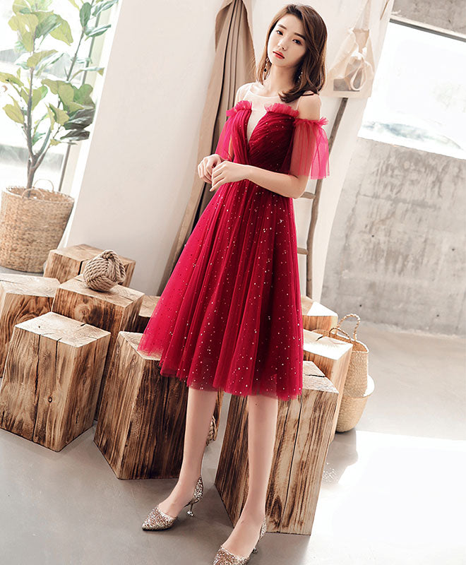 Burgundy Tulle Sequin Short Prom Dress, Burgundy Homecoming Dress