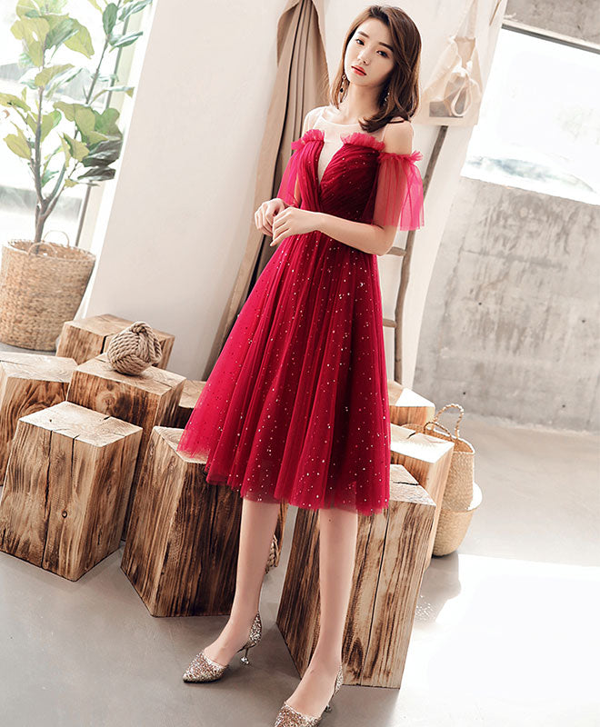 Shiny Sequin Red Tulle Ankle Length Prom Dress with Short Sleeves -  $124.992 #P74002 