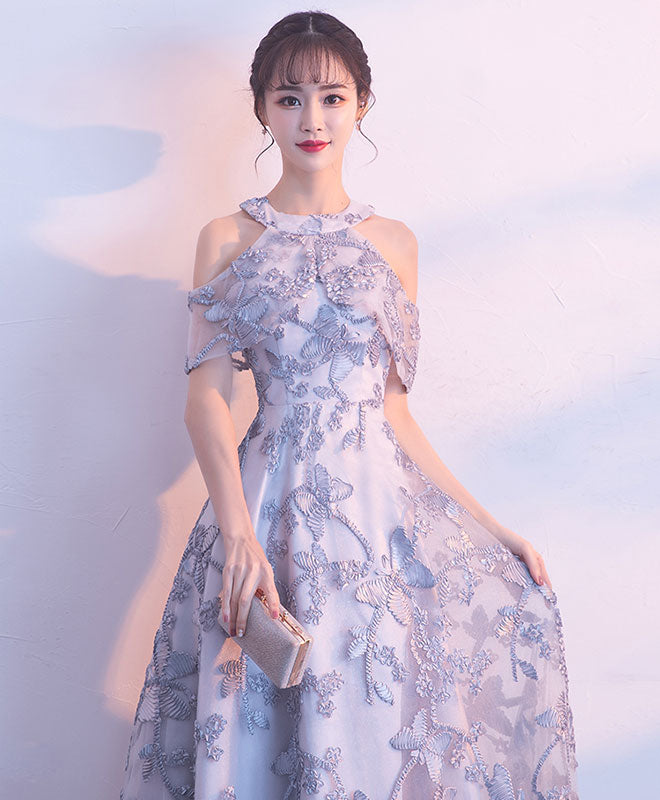 Gray Lace Long Prom Dress, Gray Lace Bridesmaid Dress