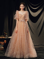 Champagne A-line Tulle Long Prom Dress Champagne Evening Dress