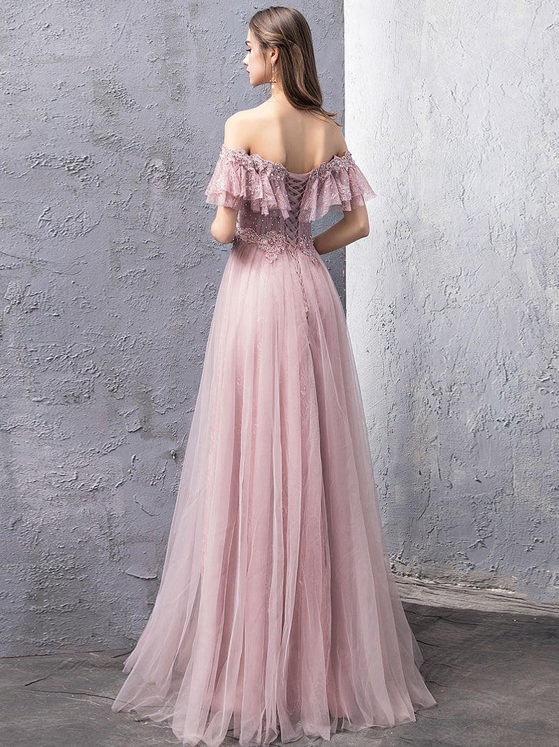 Pink Tulle Lace Off Shoulder Long Prom Dress, Pink Evening Dress