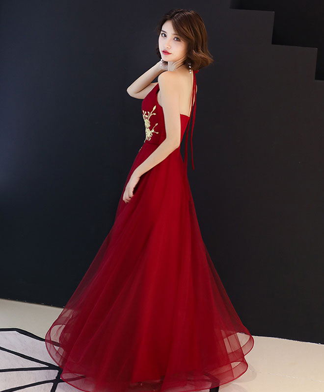 Burgundy Tulle Lace Long Prom Dress, Burgundy Tulle Evening Dress