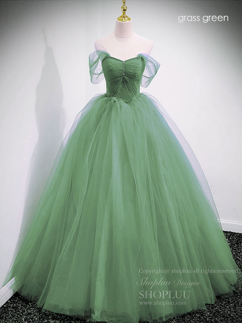 A-Line Sweetheart Off Shoulder Lace Long Prom Dress, Tulle Formal Dresses