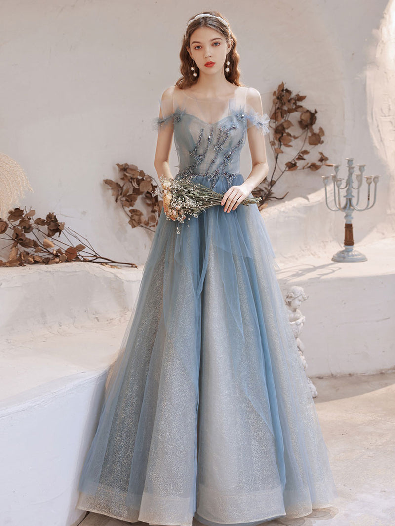 Blue Tulle Off Shoulder Beads Long Prom Dress, Blue Tulle Formal Dress ...