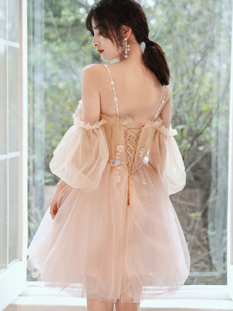 Champagne Tulle Lace Short Prom Dress, Tulle Lace Puffy Homecoming Dress