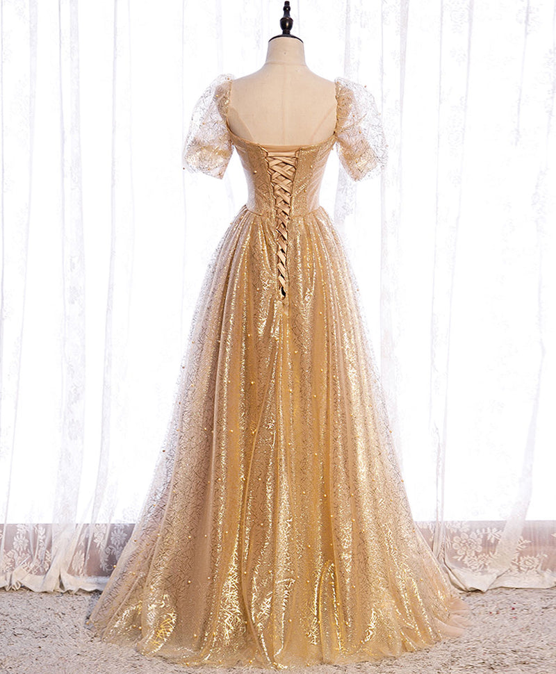 Gold Aline Tulle V Neck Long Prom Dress, Gold Formal Dresses shopluu Gold Aline Tulle V Neck Long Prom Dress, Gold Formal Dresses shopluu