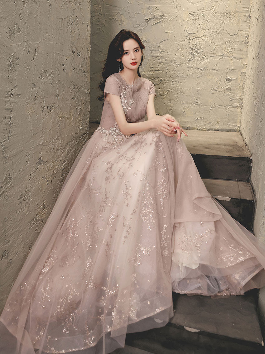 Pink Tulle Lace Long Prom Dress, Pink Tulle Formal Dress