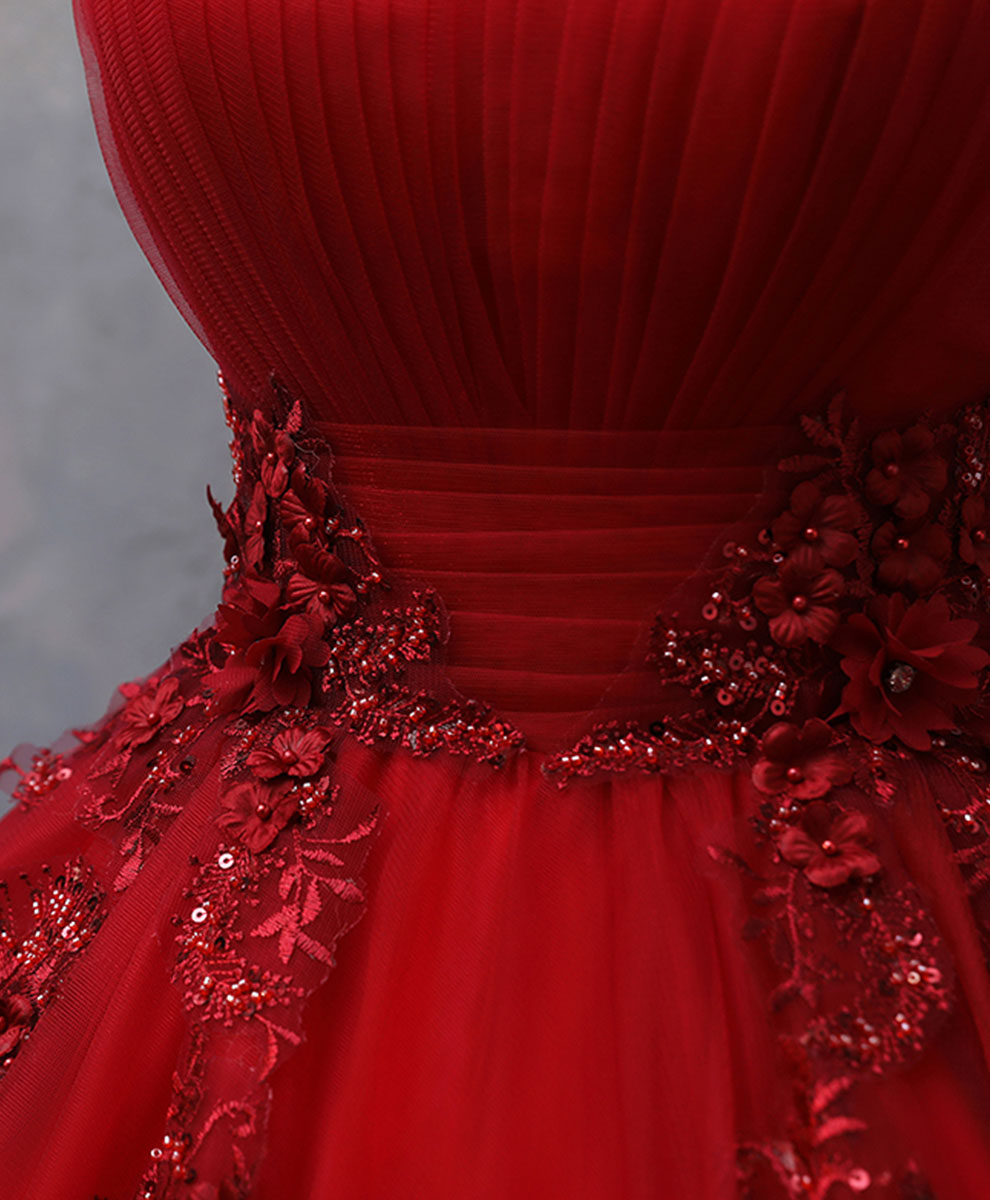 Burgundy Tulle Lace Off Shoulder Long Prom Gown Burgundy Evening Dress