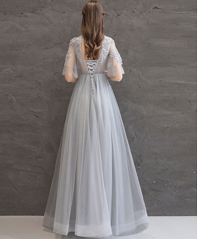 Gray Lace Tulle Long Prom Dress Gray Tulle Lace Formal Dress