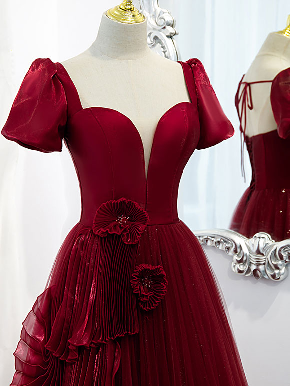 Burgundy Tulle Long Prom Dress, Burgundy Tulle Evening Dress