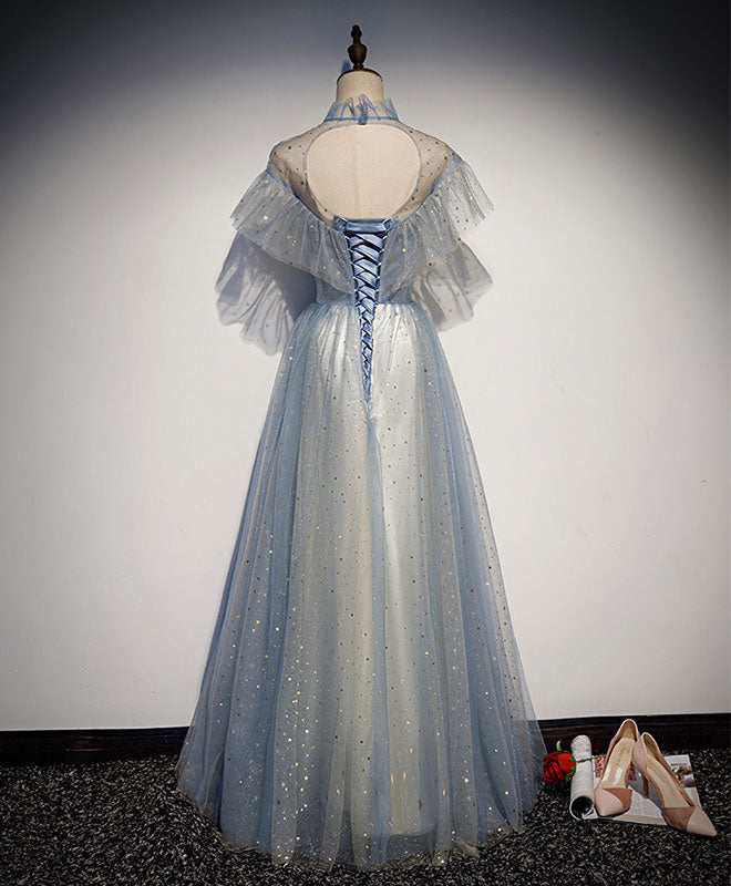 Dark Blue Sequin Tulle Long Prom Dress, Dark Blue Evening Dress