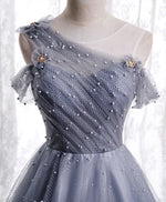 Gray Aline Long Prom Dress, One Shoulder Gray Formal Party Dresses