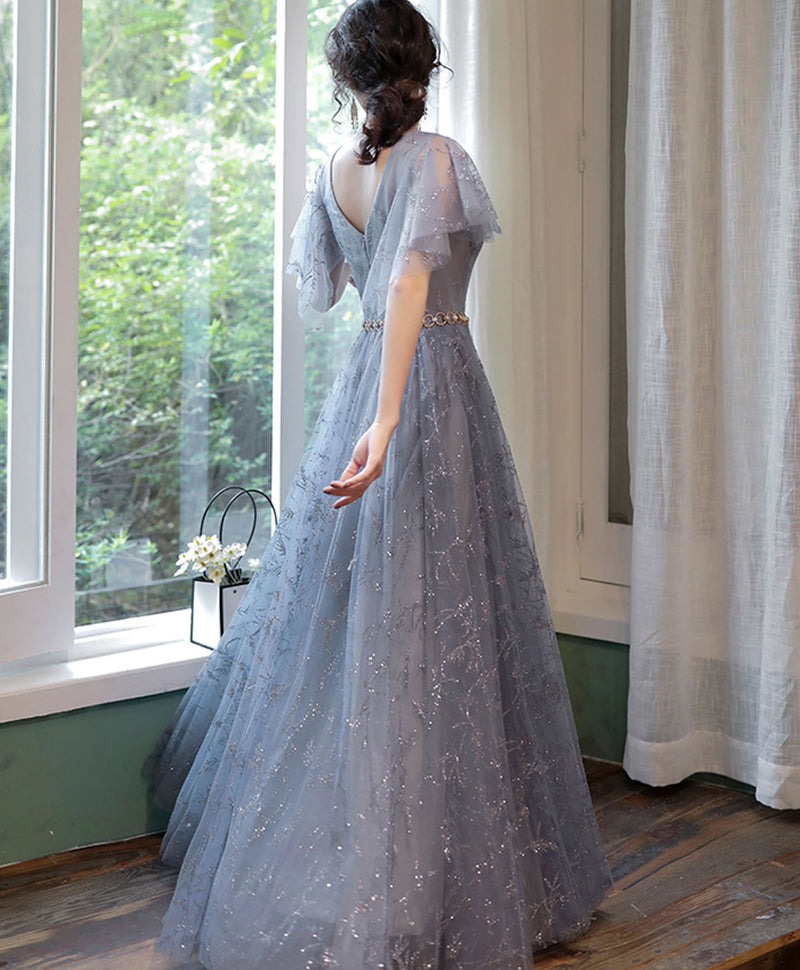 Gray Blue V Neck A-Line Tulle Long Prom Dress Gray Blue Tulle Formal Dress
